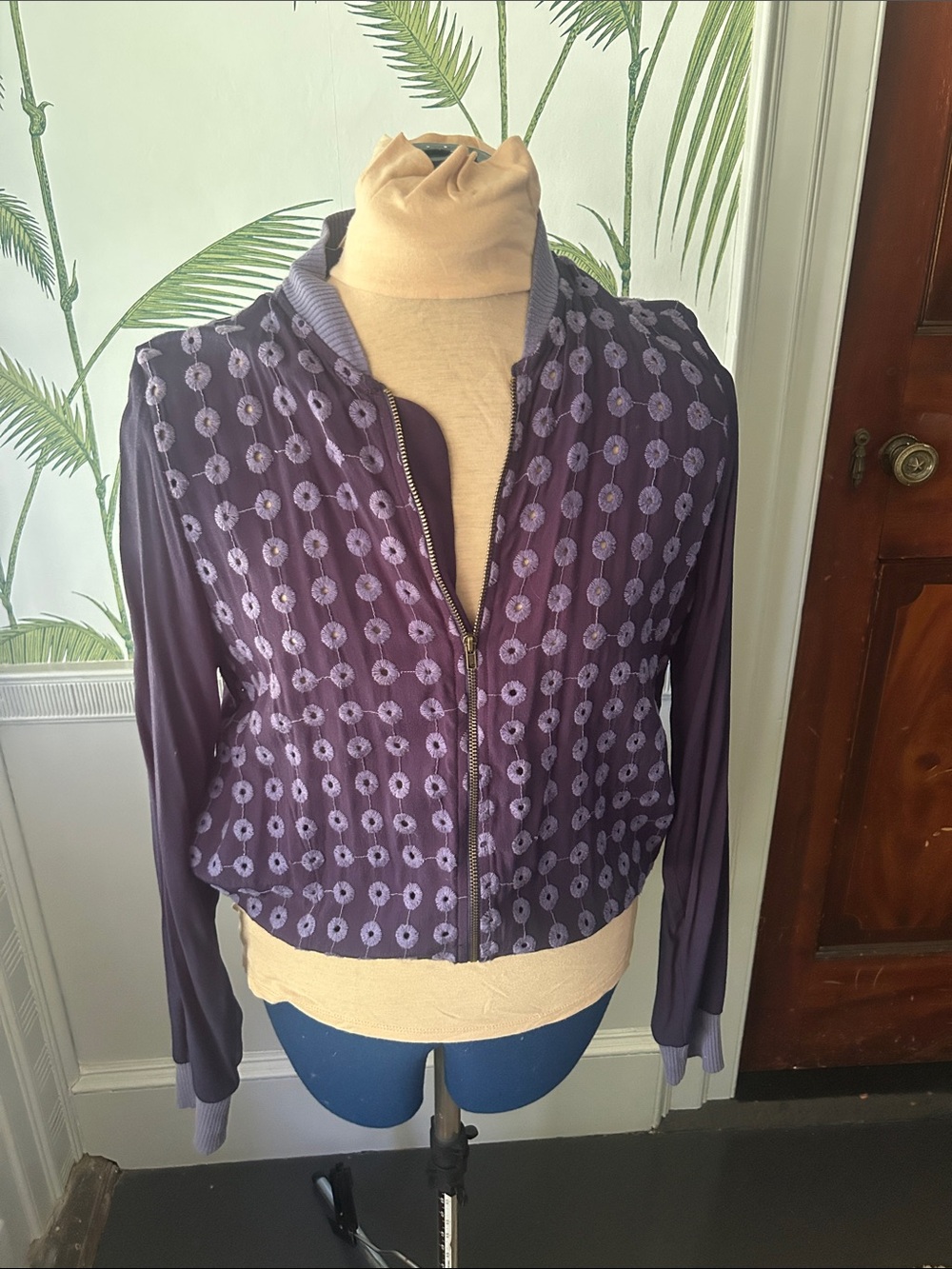 Navy Patterned Zip-Front Bomber Jacket